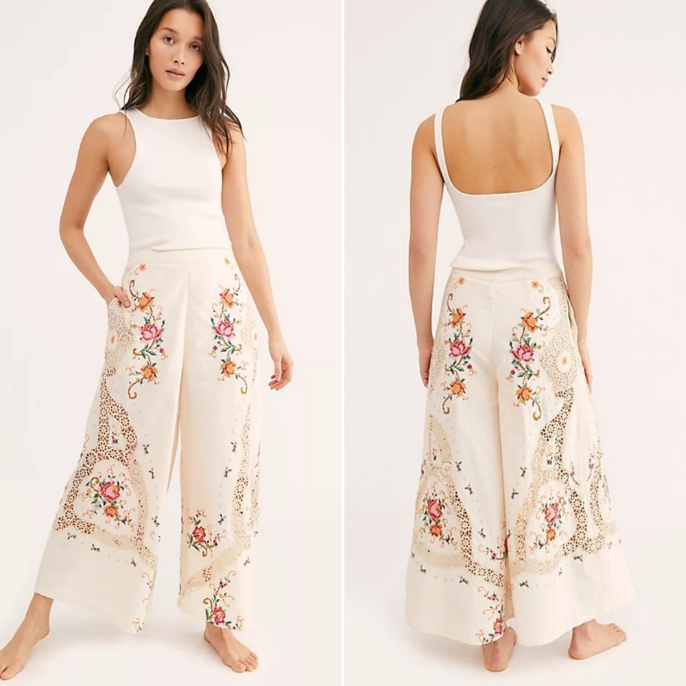 Free People 🌺 Bali Nana's Embroidered wide-leg pants